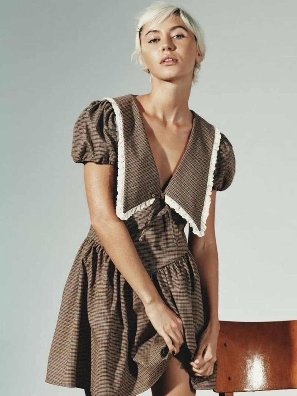 Zara Brown Plaid Lace Oversized Collar Puff Sleeve Mini Dress Size Small